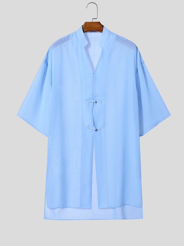 Men's New Chinese Style Sheer Chiffon Frog Button Side Split Long Kimono Shirt SKUL67204