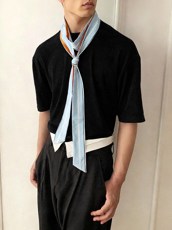 Men's Striped Scarf Crew Neck Knit Short Sleeve T-Shirt SKUL39904