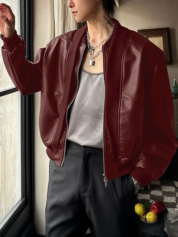 Men's Fake Two Piece Faux Leather Zip Long Sleeve Jacket SKUL40112