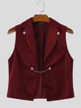Men's Retro Quiet Luxury Cocktail Party Faux Suede Metal Chain Link Sleeveless Lapel Collar Waistcoat SKUL83165