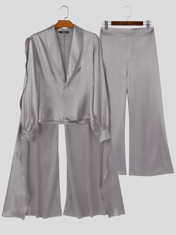 Men's Avant-Garde Runway Draped Cape Lantern Sleeve High-Waist Two Pieces Outfit SKUL83951