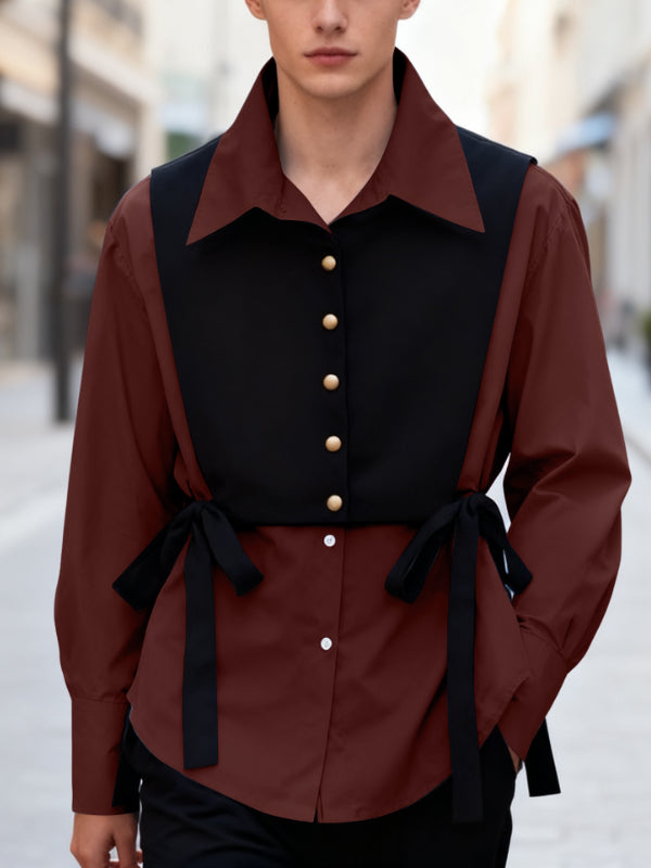 Men's Faux Two Piece Patchwork Long Sleeve Shirt SKUL46566