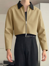 Men's Contrast Color Collar Cropped Zip Long Sleeve Jacket SKUL35207