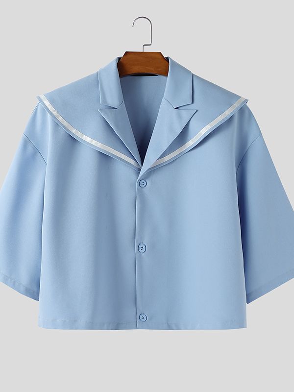 Men's Sailor Collar Contrast Color Short Sleeve Shirt SKUL41297