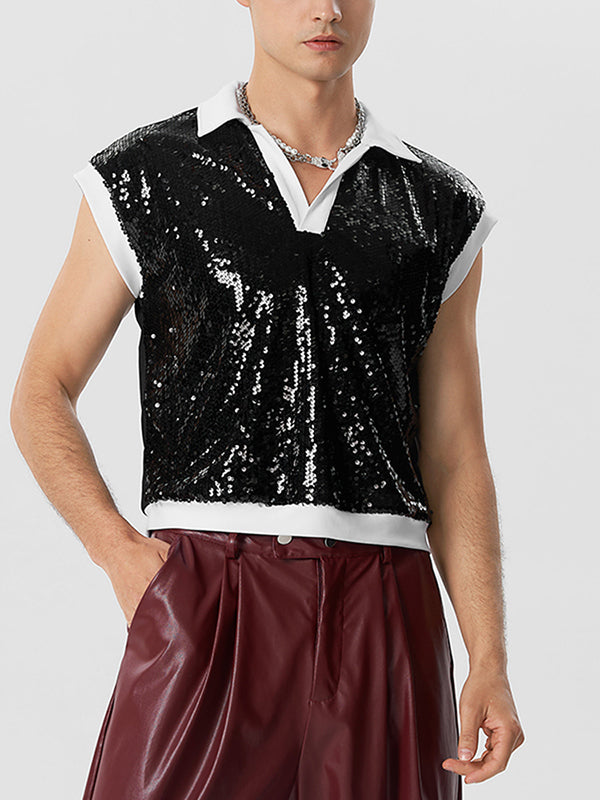 Mens Sequined Contrast Short Sleeve Golf Shirt SKUK05948