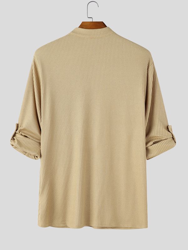 Men's Early Autumn Urban Casual Drawstring Front Textured Long Sleeve T-shirt SKUL81069