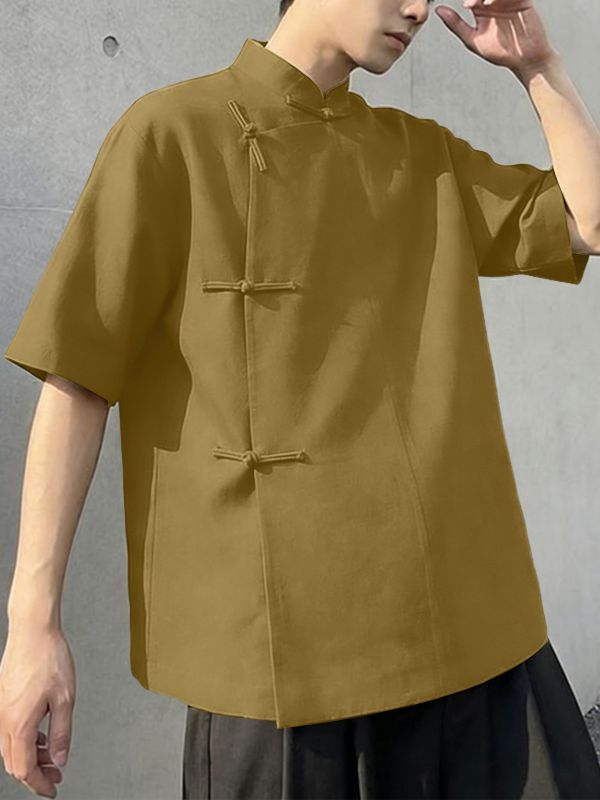 Men's Solid Color Asymmetric Frog Button Loose Shirt SKUL54547