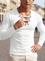 Men's High-End Clubwear Deep V-Neck Strappy Muscle Fit Long Sleeve Shirt SKUL77302
