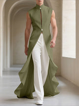 Mens Solid Color Ruffled Long Hem Sleeveless Waistcoat SKUL23716