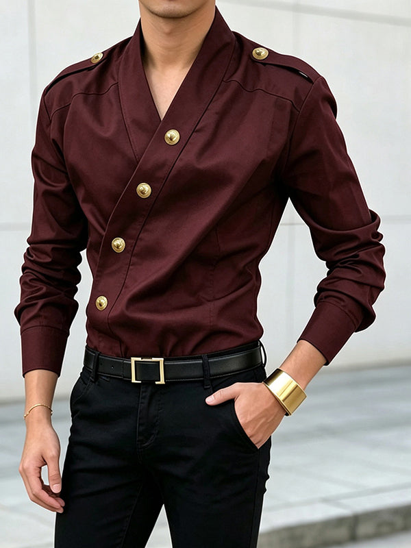 Men's Avant-Garde Party Epaulet Detail Diagonal Metal Button Slim Long Sleeve Shirt SKUL81152