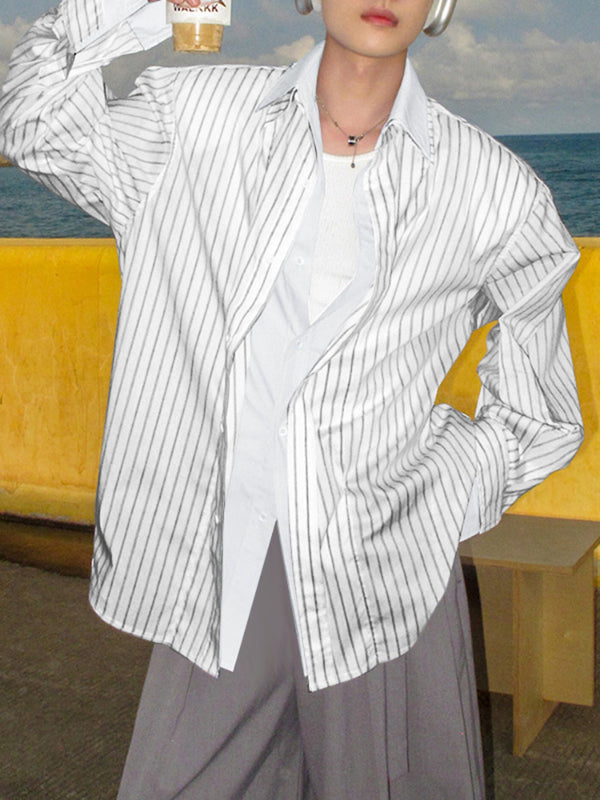 Men's Striped Colorblock Collar Long Sleeve Shirt SKUL27372