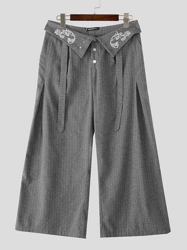 Men's Striped Embroidered Wide Leg High Waist Pant SKUL31995