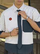 Men's Color Block Striped Tie Short Sleeve Shirt SKUL31818