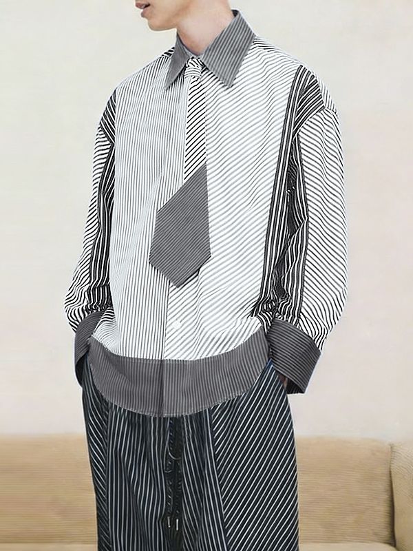 Men's Stripe Tie Patchwork Long Sleeve Shirt SKUL30561