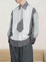 Men's Stripe Tie Patchwork Long Sleeve Shirt SKUL30561