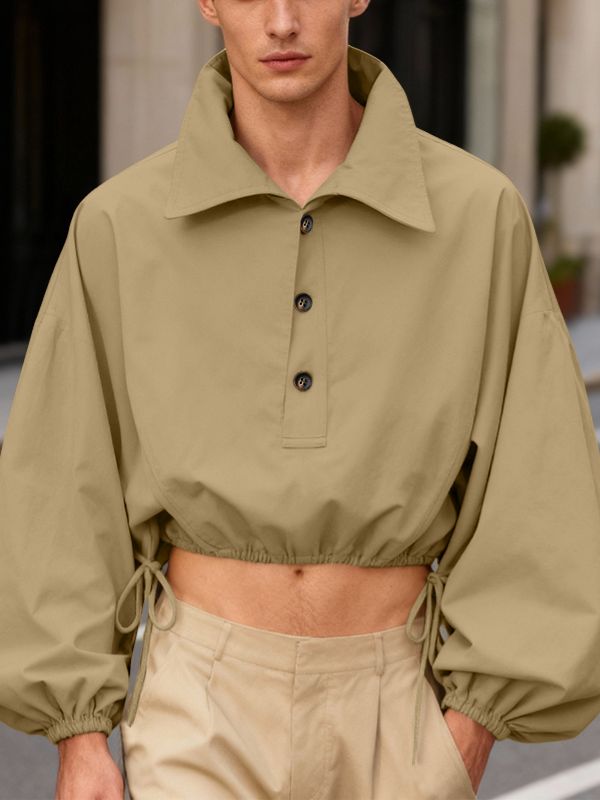 Men's Solid Color Loose Lapel Cropped Long Sleeve Shirt SKUL45225