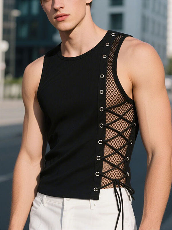 Mens Sheer Mesh Patchwork Drawstring Casual Tank SKUL16680