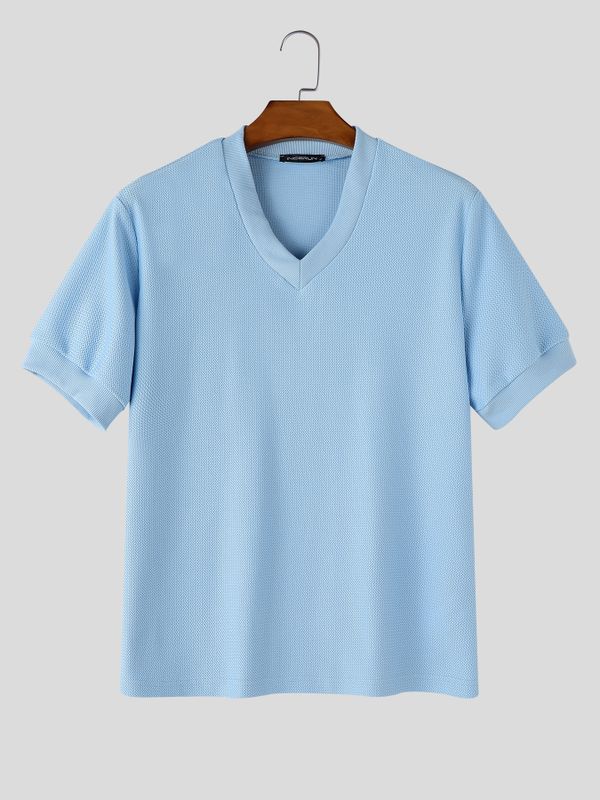 Men's Smart Casual Textured Slim Fit V-Neck Short Sleeve T-shirt SKUL69522