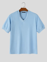 Men's Smart Casual Textured Slim Fit V-Neck Short Sleeve T-shirt SKUL69522