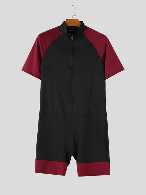 Men's Technical Athletic Aesthetic Color Block Zip Front Slim Fit Bodysuit SKUL63181