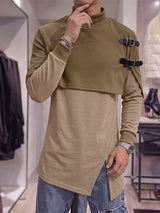 Men's Avant-Garde Buckle Strap Cape Overlay Asymmetric Hem Long Sleeve Mock Neck T-shirt SKUL82399