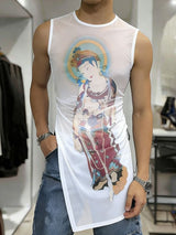 Men's Avant-Garde High Street Buddhist Graphic Mesh Sheer Tank SKUL65895