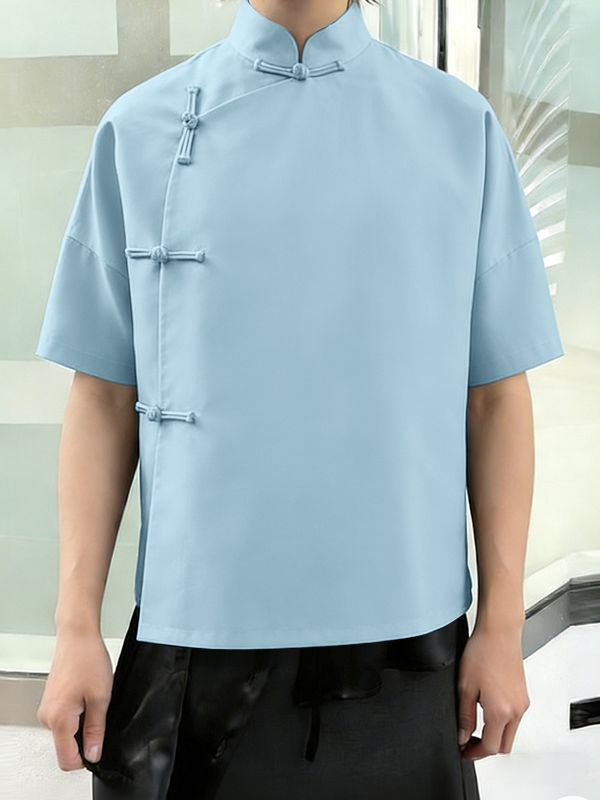 Men's Solid Color Frog Button Short Sleeve Shirt SKUL56252