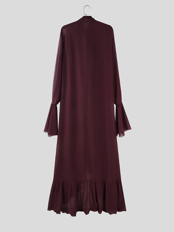 Men's Ruffled Patchwork Sheer Mesh Long Sleeve Shirt SKUL27365