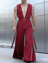 Men's Solid Color Deep V Neck Slit Jumpsuit SKUL55619