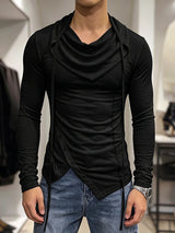 Men's Avant-Garde High Street Draped Cowl Neck Hanging Drawstring Asymmetrical Pointed Hem Long Sleeve T-shirt SKUL83998