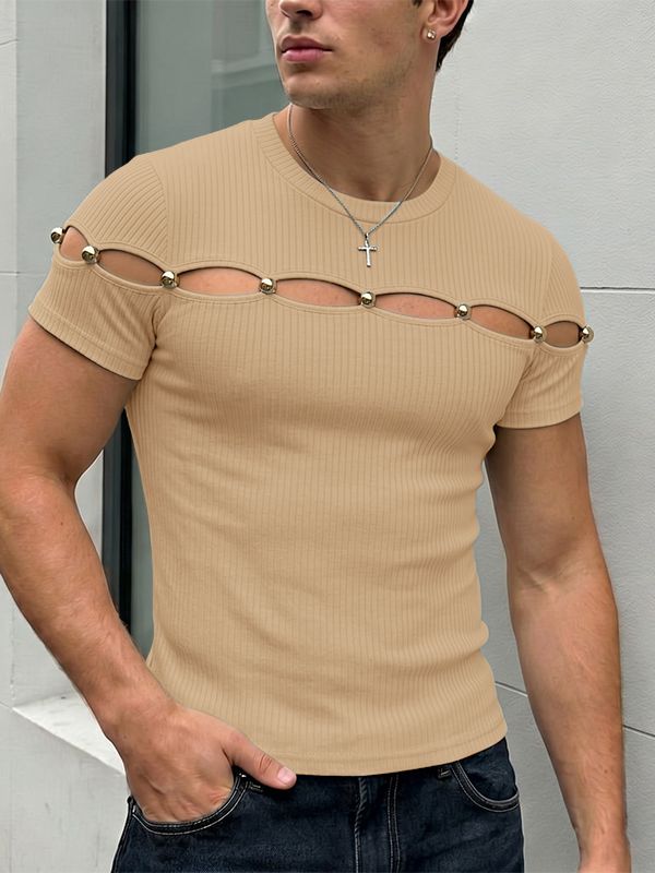 Men's Cut Out Knit Short Sleeve T-shirt SKUL65883