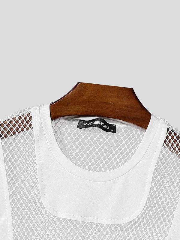 Men's Avant-Garde Sheer Mesh Harness-Detail Cropped Short Sleeve T-shirt SKUL57685