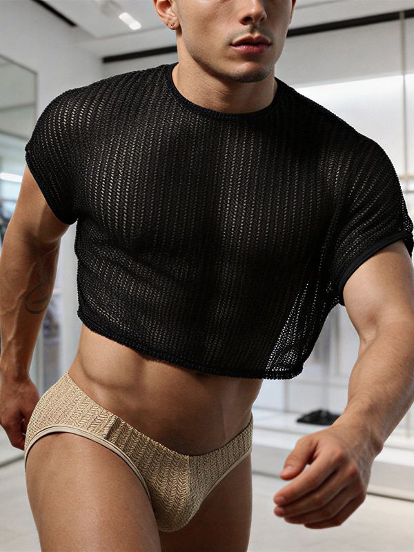 Men's Clubwear Sheer Chevron Mesh Ultra-Cropped T-shirt SKUL68393