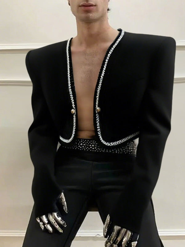 Men's Webbing Patchwork Cropped Long Sleeve Jacket SKUL25789