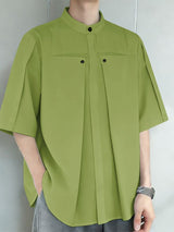 Men's Architectural Pleated Panel Stand-Collar Boxy Shirt SKUL61856