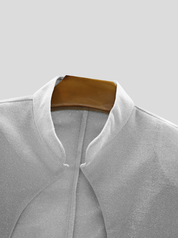 Men's Shiny Cropped Stand Collar Two Pieces Outfit SKUL25739