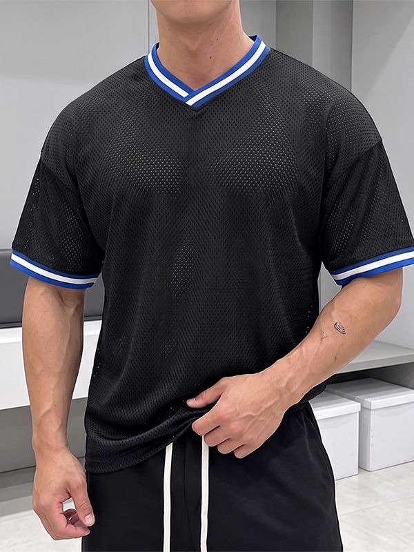 Men's Retro Athletic Mesh Breathable Contrast Striped Trim V-Neck T-shirt SKUL73695