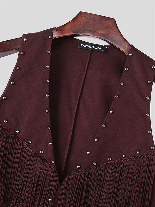 Mens Solid Color Fringe-Trimmed Sleeveless Tank SKUK97853