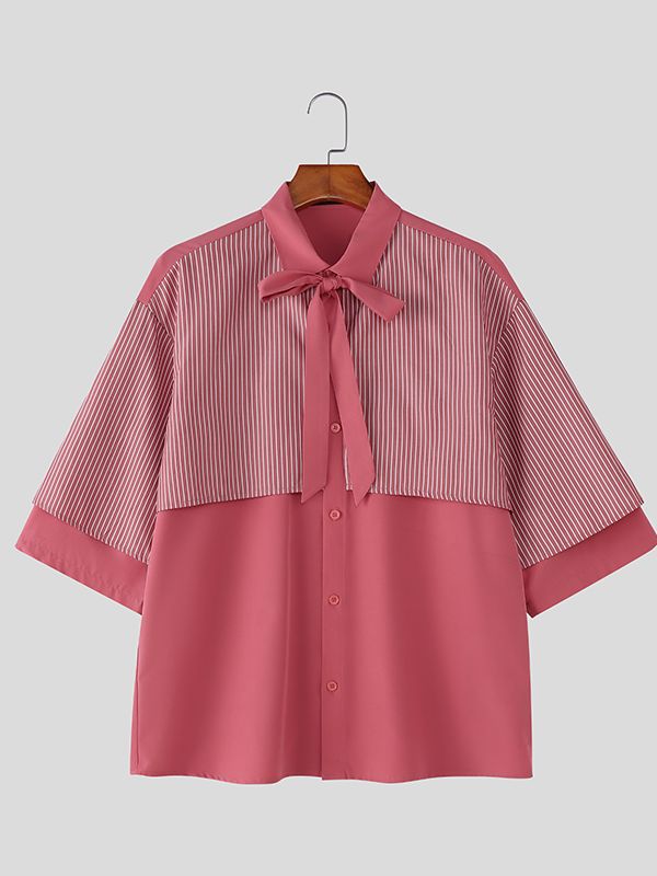 Men's Striped Patchwork Contrast Color Short Sleeve Shirt SKUL53039