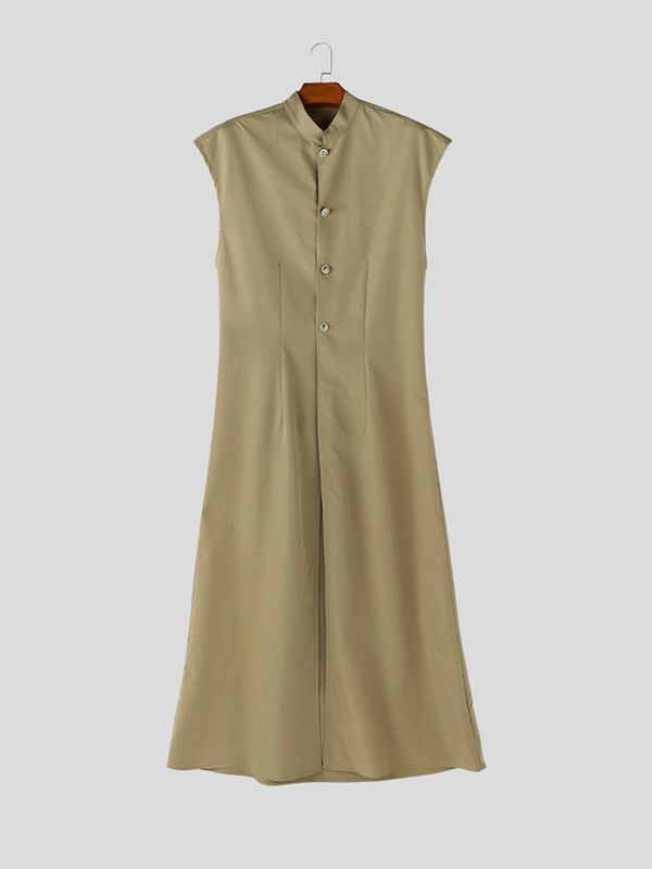Men's Avant-Garde Sleeveless Mandarin Collar Floor-Length Split Tunic Cardigan SKUL61914