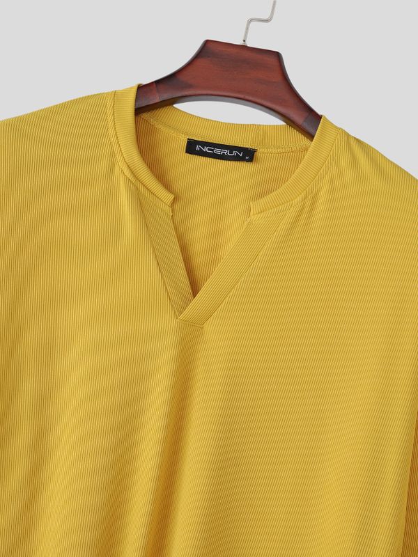 Men's Japanese Cityboy Ribbed Knit Texture Drop-Shoulder 3/4 Sleeve T-shirt SKUL74627