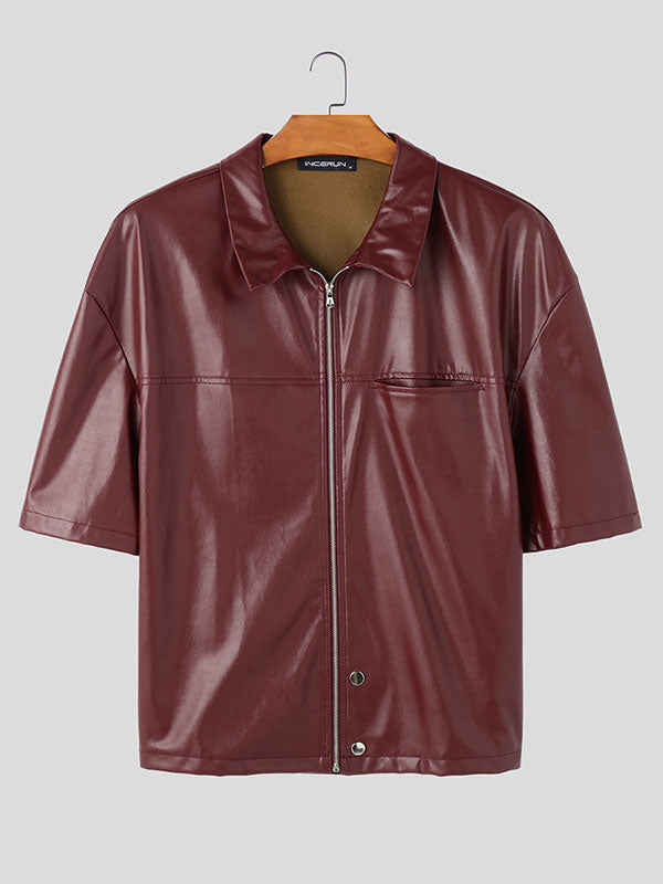 Mens Faux Leather Zip-Up Short Sleeve Shirt SKUL00889
