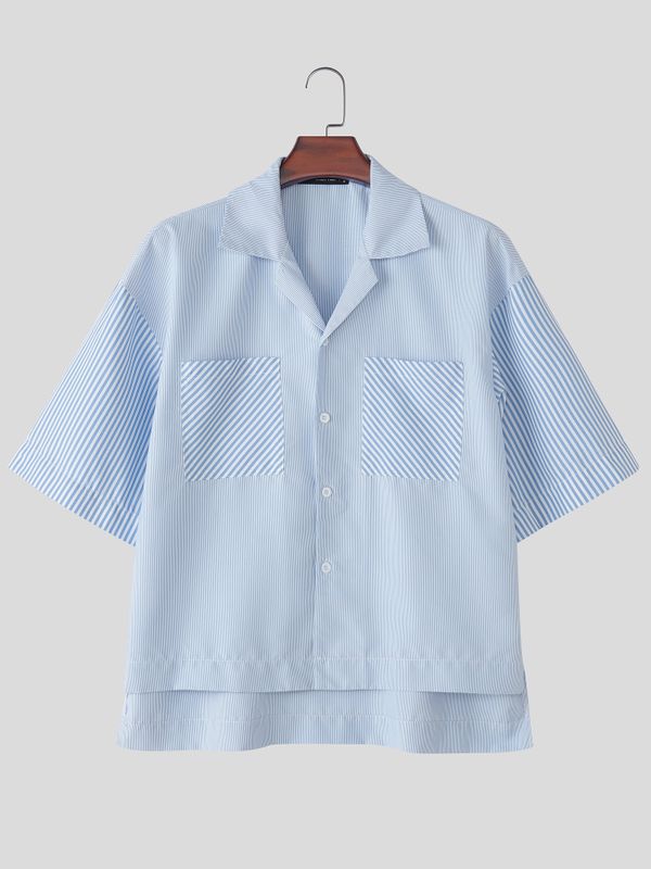 Men's City Boy Striped Boxy Cropped Cuban Collar Shirt SKUL73619