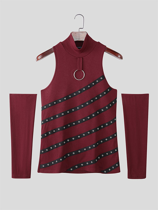 Men's Grommet Lace-Up Patchwork T-Shirt SKUL21165