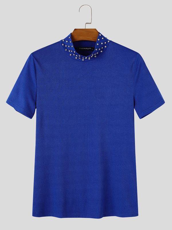 Men's Clean Fit Cocktail Party Fine Ribbed High Stretch Crystal Detail Fitted Short Sleeve Mock Neck T-shirt SKUL83260