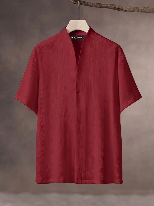 Men's Retro Beach Vacation Crinkle Textured Back Pleat Drop Shoulder Short Sleeve V-Neck Shirt SKUL85134