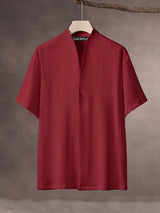 Men's Retro Beach Vacation Crinkle Textured Back Pleat Drop Shoulder Short Sleeve V-Neck Shirt SKUL85134