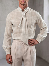 Men's Retro Party Integrated Ascot Scarf Crinkle Long Sleeve Shirt SKUL81103