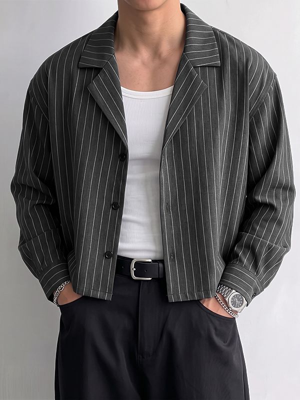 Men's Urban Retro Pinstripe Cuban Collar Boxy Cropped Long Sleeve Shirt SKUL76496