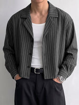 Men's Urban Retro Pinstripe Cuban Collar Boxy Cropped Long Sleeve Shirt SKUL76496